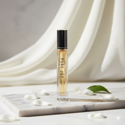 A slender perfume bottle on a white time white some white and green leaves