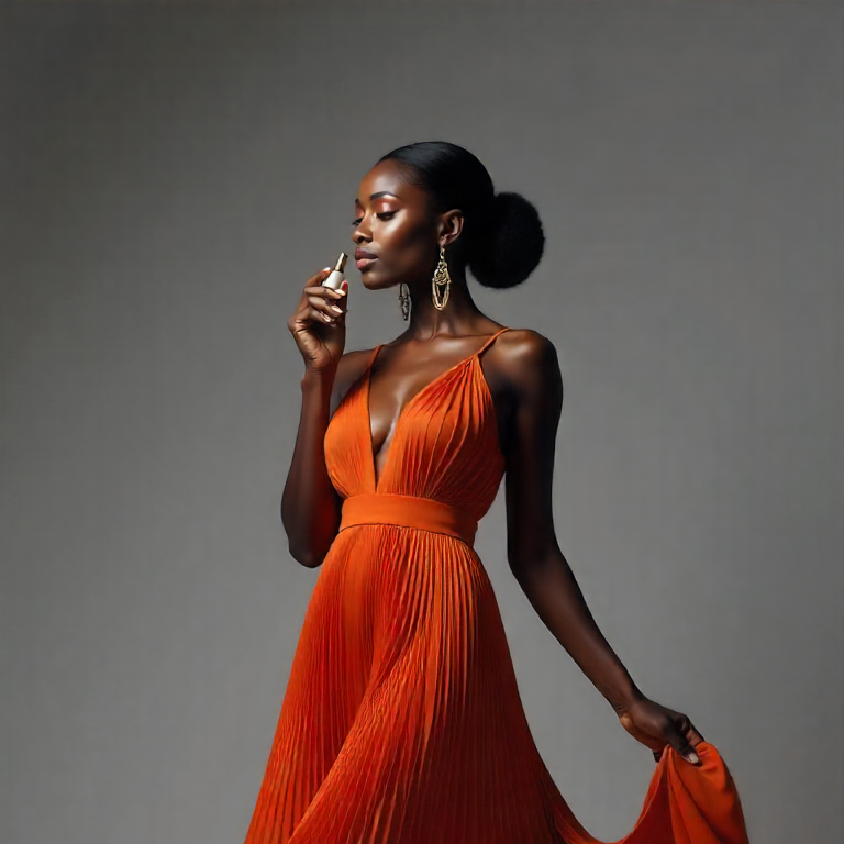 Woman in an orange dress holding a perfume bottle(Ebels) against a gray background