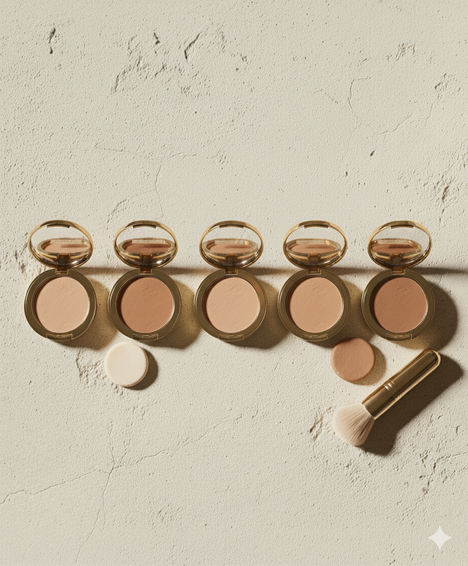 A line up of different shades of foundation powder with a powder brush on the bottom left of the image