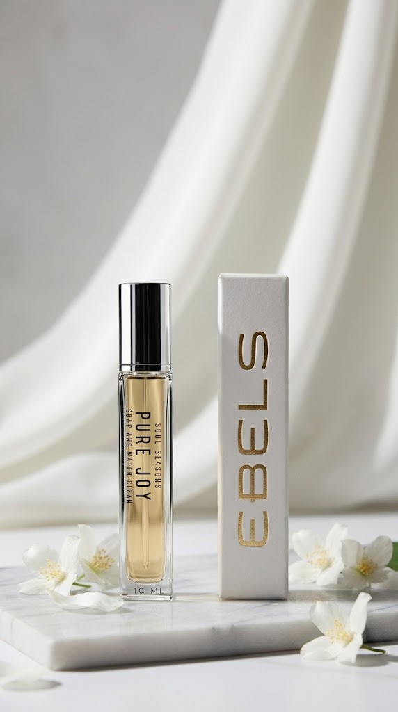 A bottle of Ebebs Pure Joy perfume with a black cap stands next to its white box with gold lettering, styled on a marble slab with white flowers against a draped white fabric background.